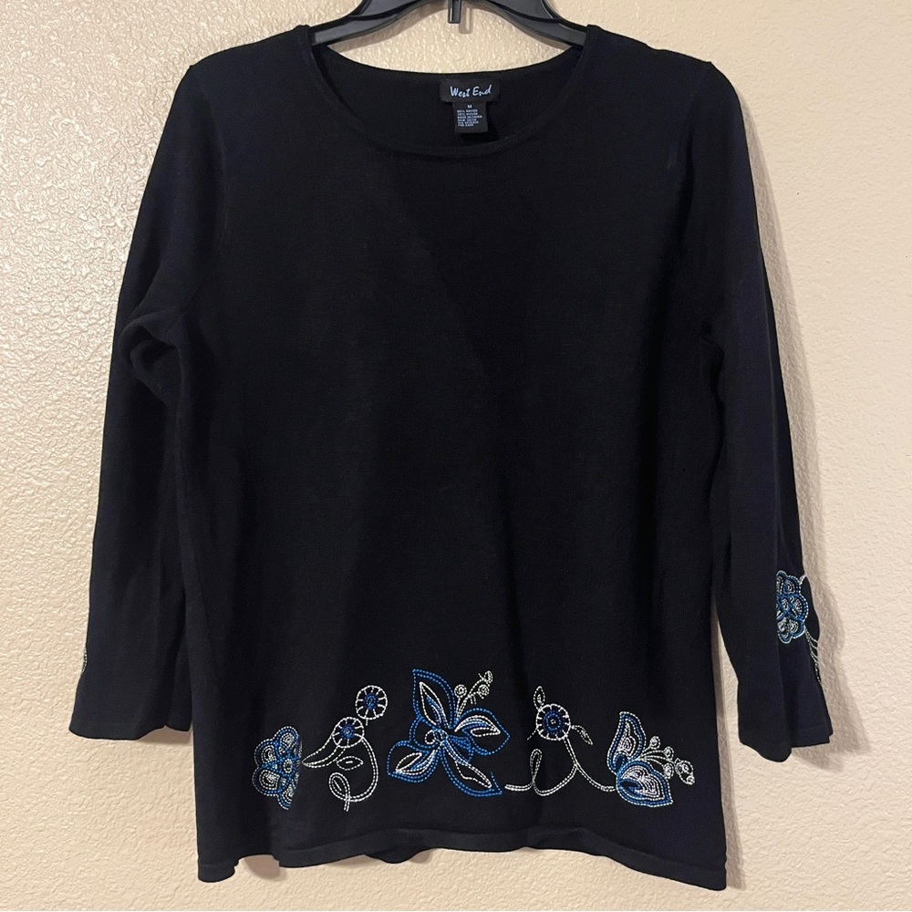 West End Women's Vintage M Black w/ Blue & White Floral Embroidery Sweater